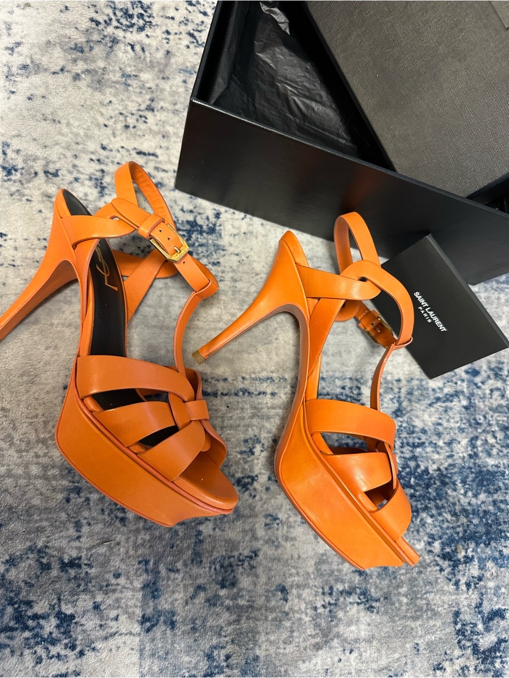 Saint Laurent Orange Leather Woven Heeled Sandals - Picture 2 of 6